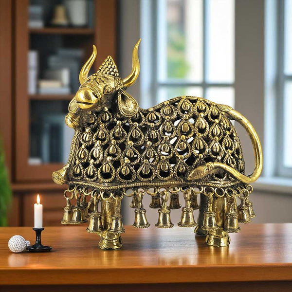 Handmade Brass Nandi Tribal Statue (Golden, 10.5 inch)