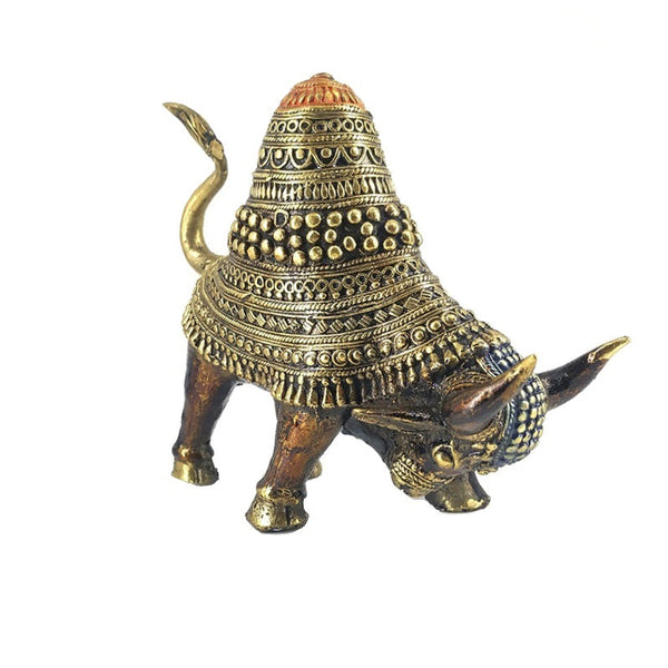 Handcrafted Tribal Art Brass Raging Bull Statue (Bronze color, 8 inch)