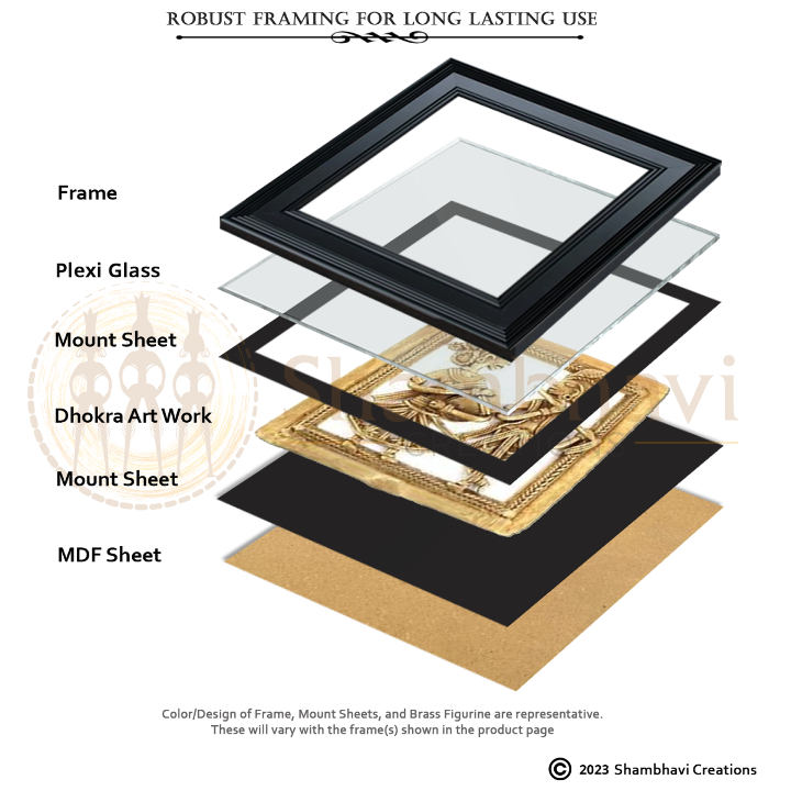 Top-down view of handcrafted brass wall art, emphasizing rich detailing and glass protection.