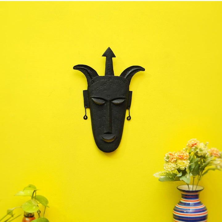 Fierce Gaze tribal wall mask in handmade wrought iron art
