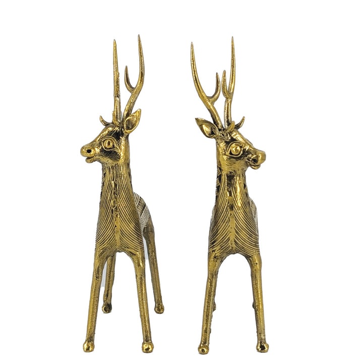Majestic Poise – handcrafted brass standing deer figurines with elongated antlers.