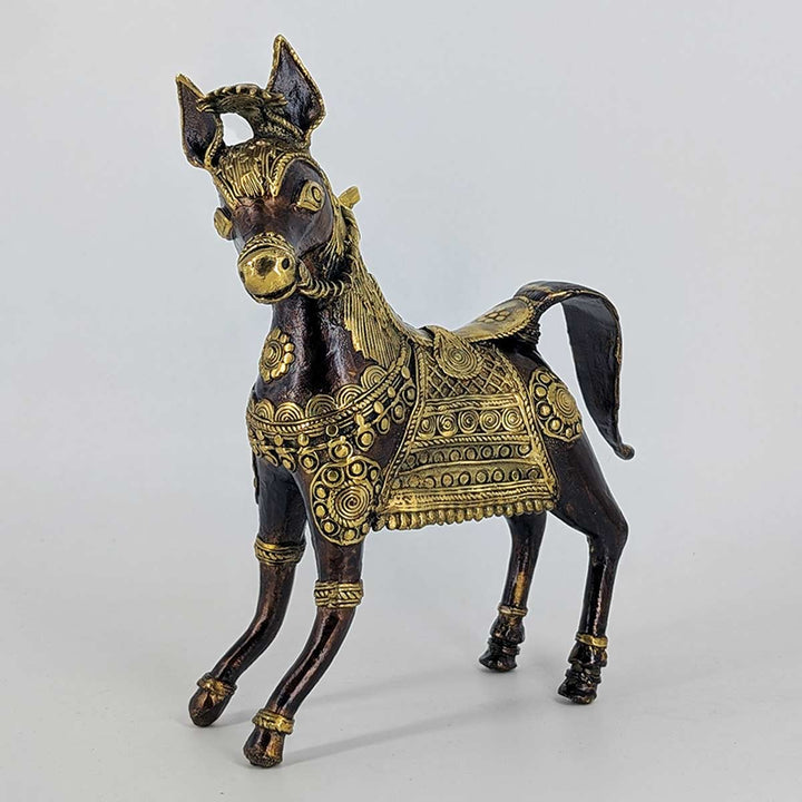 Side view of Eternal Stride brass horse showcasing its regal stance.