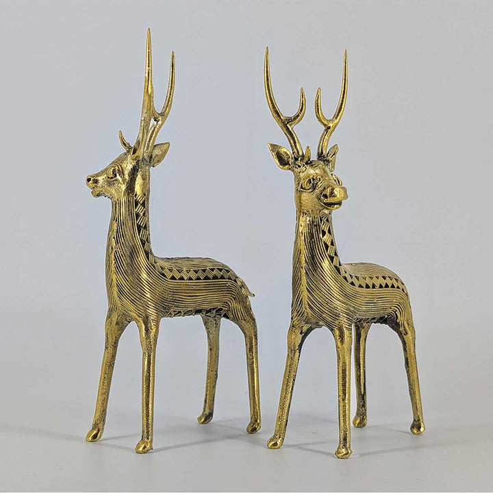 Majestic Poise – a pair of brass standing deer figurines for artistic home décor.