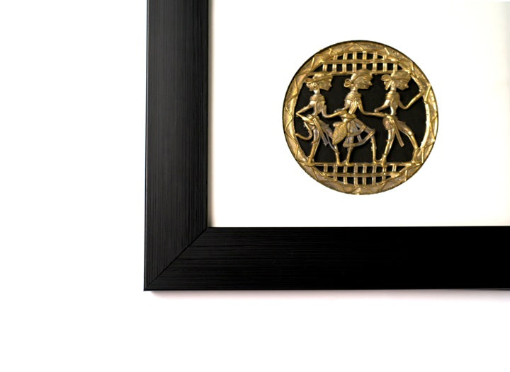 Side view of framed brass wall décor, showcasing depth and premium moulding.